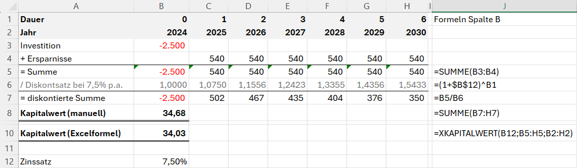 NPV Kalkulation in Excel