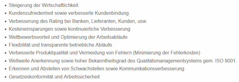 Ein Screenshot von Nutzenversprechen durch die Anwendung ISO9001, insb. Qualität sichern, Fehler vermeiden, Effizienz steigern.